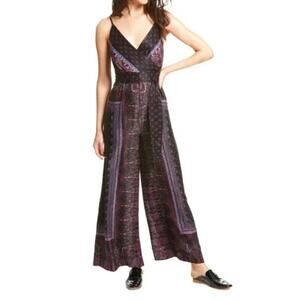 V-Neck Printed Wide-Leg Jumpsuit in Black and Purple